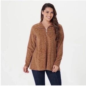 Susan Graver Weekend Taupe Animal Jacquard Half-Zip Top Women’s L Brown